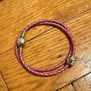 Pandora Pink Braided Leather Bracelet with Silver Accents